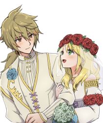 Rule 34 | 1boy, 1girl, :d, alice (rune factory), apo 518, blonde hair, blue flower, blue rose, bouquet, bridal veil, closed mouth, dress, flower, green eyes, green flower, green hair, green rose, groom, hand on another&#039;s arm, head wreath, highres, jewelry, leaf, long hair, multicolored hair, multiple necklaces, necklace, open mouth, orange eyes, orange hair, ponytail, red flower, red rose, reinhard (rune factory), rose, rune factory, rune factory 5, see-through, simple background, smile, two-tone hair, veil, wedding dress, white background, white dress