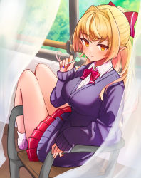 Rule 34 | 1girl, alternate costume, bare legs, blonde hair, blue cardigan, blue nails, blush, bow, bowtie, breasts, candy, cardigan, chair, classroom, closed mouth, collared shirt, commentary, curtains, dark-skinned female, dark skin, day, food, full body, hair bow, holding, holding candy, holding food, holding lollipop, hololive, indoors, large breasts, lollipop, long hair, long sleeves, looking at viewer, miniskirt, multicolored hair, multicolored nails, nail polish, open window, orange eyes, orange nails, pleated skirt, pointy ears, ponytail, red bow, red bowtie, red skirt, sasaki (glass1138), school uniform, shiranui flare, shirt, shoes, sitting, skirt, sleeves past wrists, smile, solo, streaked hair, thighs, two-tone hair, virtual youtuber, white footwear, white shirt, wind, window, wing collar