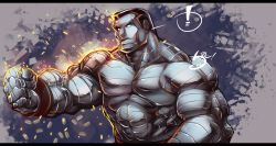 Rule 34 | !, 10s, 1boy, abs, artist name, black hair, bullet, colored skin, colossus (x-men), grey skin, letterboxed, male focus, manly, marvel, metal skin, solo, spandex hero, topless male, white eyes, x-men