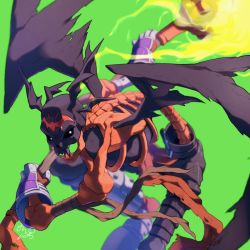 Rule 34 | 1boy, artist request, attack, bat wings, demon, demon wings, digimon, digimon (creature), green background, head wings, highres, holding, holding weapon, looking at viewer, mark of evil, skeleton, skull, skullsatamon, solo, staff, weapon, wings