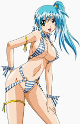 Rule 34 | 00s, 1girl, :&gt;, artist request, bikini, blue hair, breasts, covered erect nipples, divergence eve, highres, kureha misaki, large breasts, open mouth, ponytail, side ponytail, smile, solo, striped bikini, striped clothes, swimsuit