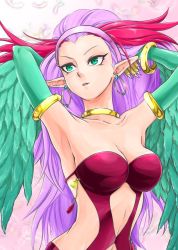 Rule 34 | 1girl, alpha tama, animal hands, armlet, armpits, arms behind head, arms up, bangle, bare shoulders, bracelet, breasts, claws, cleavage, commentary request, duel monster, earrings, feathered wings, feathers, green eyes, green feathers, hair slicked back, hairband, harpie perfumer, harpy, highres, hoop earrings, jewelry, leotard, long hair, medium breasts, monster girl, multicolored hair, parted lips, pink background, pink hairband, pointy ears, purple hair, red hair, red leotard, solo, two-tone hair, very long hair, winged arms, wings, yu-gi-oh!