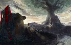 Rule 34 | absurdres, ambiguous gender, capelet, cloud, cloudy sky, commentary request, day, from behind, giant tree, highres, original, outdoors, rock, scenery, sky, solo, sorakuma (oycue41), standing, sunlight, tree