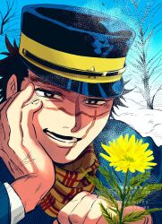 Rule 34 | 1boy, bare tree, blue jacket, close-up, commentary request, dctroo 08, flower, golden kamuy, hand on own cheek, hand on own face, hat, highres, jacket, long sleeves, looking at flowers, male focus, military hat, military uniform, scar, scar on face, scarf, short hair, sky, snow, solo, spiked hair, sugimoto saichi, tree, twitter username, uniform, yellow flower