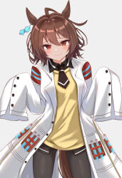 Rule 34 | 1girl, absurdres, agnes tachyon (umamusume), ahoge, bandolier, black necktie, black pantyhose, blush, brown hair, closed mouth, coat, earrings, grey background, hair between eyes, highres, horse girl, jewelry, kudo (user dzch8572), lab coat, necktie, pantyhose, short hair, simple background, single earring, sleeves past fingers, sleeves past wrists, solo, sweater vest, umamusume, white coat, yellow sweater vest