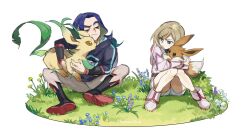 Rule 34 | 1boy, 1girl, adaman (pokemon), aged down, black footwear, blonde hair, blue eyes, blue hair, boots, closed mouth, commentary request, creatures (company), diamond clan outfit, eevee, flower, frown, game freak, gen 1 pokemon, gen 4 pokemon, grass, holding, holding pokemon, irida (pokemon), jacket, leafeon, long hair, nintendo, pants, pearl clan outfit, pokemon, pokemon (creature), pokemon legends: arceus, shorts, sitting, white background, yinghuo