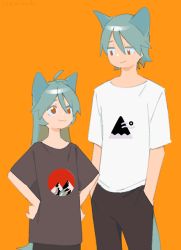 Rule 34 | 1boy, 1girl, :3, animal ears, antenna hair, aqua hair, bad id, bad pixiv id, black pants, black shirt, brother and sister, cat boy, cat ears, cat girl, cat tail, closed mouth, cowboy shot, eye contact, from side, hair between eyes, hands in pockets, hands on own hips, height difference, jitome, light smile, long hair, looking at another, looking down, looking up, loose clothes, loose shirt, niwabuki, noshime ruka, orange background, original, pants, print shirt, red eyes, satonaka kei, shirt, short sleeves, siblings, signature, simple background, smile, standing, t-shirt, tail, tareme, white shirt