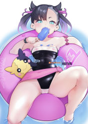 Rule 34 | 1girl, black hair, closed mouth, covered navel, creatures (company), food, food in mouth, game freak, gen 8 pokemon, grey hair, gris swimsuit, holding, holding food, hot vr, innertube, looking at viewer, marnie (pokemon), melting, meme attire, morpeko, multicolored hair, navel, nintendo, nipples, one-piece swimsuit, open mouth, pokemon, pokemon (creature), pokemon swsh, popsicle, pussy, see-through, smile, swim ring, swimsuit, tongue, tongue out, twintails, water