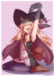 Rule 34 | 1girl, absurdres, armpits, arms up, bag, bandaid, blonde hair, blush, boots, cape, dress, closed eyes, female focus, gloves, hat, highres, little witch nobeta, long hair, nobeta, open mouth, shoulder bag, sitting, solo, stretching, thighhighs, tsunzuki, wariza, witch, witch hat, yawning