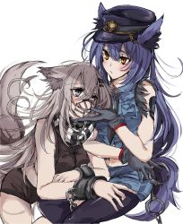 Rule 34 | 2girls, animal ear fluff, animal ears, arknights, bare legs, black gloves, black legwear, black neckwear, black scarf, black shorts, blue hair, blue headwear, blue shorts, blue vest, blush, commentary, cropped vest, cuffs, fang, feather trim, feet out of frame, gloves, grey eyes, grey hair, hair ornament, hairclip, hand on another&#039;s chin, handcuffs, hands on another&#039;s leg, happy, hat, highres, lappland (arknights), long hair, midriff, mirui, multiple girls, muzzle, necktie, one eye closed, open mouth, pantyhose, police, police hat, police uniform, scar, scar across eye, scar on face, scarf, shackles, shorts, simple background, sleeveless, smile, striped clothes, striped scarf, tail, texas (arknights), unhappy, uniform, vest, white background, white scarf, wolf ears, wolf girl, wolf tail, yellow eyes, yuri