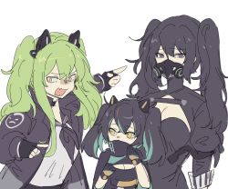 Rule 34 | 3girls, angry, animal ears, black hair, cat ears, cleavage cutout, clothing cutout, fake animal ears, gas mask, girls&#039; frontline, green hair, m950a (girls&#039; frontline), m950a (mod3) (girls&#039; frontline), mask, mod3 (girls&#039; frontline), mother and daughter, multiple girls, pointing, saf (girls&#039; frontline), scarecrow (girls&#039; frontline), trait connection, twintails, zocehuy