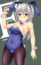 Rule 34 | 1girl, animal ears, bare shoulders, blush, bow, bowtie, breasts, cameltoe, cleavage, covered navel, detached collar, eila ilmatar juutilainen, fake animal ears, kuragari, long hair, looking at viewer, pantyhose, playboy bunny, purple eyes, rabbit ears, rabbit tail, silver hair, solo, strike witches, tail, world witches series, wrist cuffs