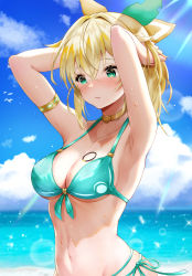 Rule 34 | 1girl, armlet, armpits, arms up, bare arms, beach, bikini, blonde hair, blue bikini, blush, breasts, choker, cleavage, closed mouth, cloud, crossed bangs, day, green eyes, hair ribbon, hair tie, highres, hololive, kazama iroha, looking away, medium breasts, navel, object on breast, ocean, outdoors, parted lips, revision, ribbon, sky, solo, stomach, swimsuit, telu (teluscarlet), tying hair, upper body, virtual youtuber, wet, yellow choker