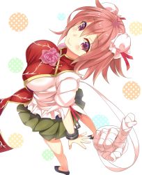 Rule 34 | 1girl, ashu, bandages, breasts, bun cover, cuffs, disembodied hand, double bun, flower, hair bun, huge breasts, ibaraki kasen, impossible clothes, impossible leotard, impossible shirt, leotard, pink eyes, pink flower, pink rose, puffy short sleeves, puffy sleeves, red hair, rose, shackles, shirt, short sleeves, skirt, smile, solo, tabard, touhou