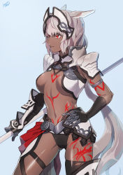 Rule 34 | 1girl, animal ears, armlet, armor, bikini, black bikini, black gloves, black thighhighs, blue background, body markings, breasts, caenis (fate), dark-skinned female, dark skin, elbow gloves, fate/grand order, fate (series), faulds, gloves, greaves, hand on own hip, headpiece, highres, large breasts, long hair, navel, pauldrons, polearm, ponytail, red eyes, ruchi, shoulder armor, simple background, solo, spear, swimsuit, tattoo, thigh strap, thighhighs, weapon, white bikini, white hair