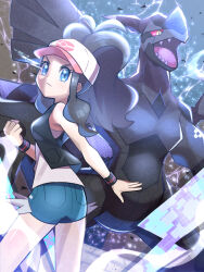 Rule 34 | 1girl, antenna hair, black vest, black wristband, blue eyes, brown hair, clenched hand, closed mouth, commentary request, creatures (company), electricity, eyelashes, game freak, gen 5 pokemon, hat, high ponytail, highres, hilda (pokemon), inana umi, legendary pokemon, long hair, looking at viewer, nintendo, poke ball print, pokemon, pokemon (creature), pokemon bw, shirt, short shorts, shorts, sidelocks, vest, white headwear, zekrom