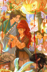 Rule 34 | 2boys, 2girls, absurdres, animal lantern, basket, black hair, blue eyes, blurry, brown hair, carp, child, chinese clothes, depth of field, flower, hair rings, hands up, hanfu, headband, highres, holding, holding basket, holding flower, juuni kokuki, lantern, layered sleeves, long hair, long sleeves, looking at another, looking back, looking up, mid-autumn festival, multiple boys, multiple girls, nakajima youko, open mouth, paper lantern, rabbit, rakushun (juuni kokuki), red hair, shopping, short hair, short over long sleeves, short sleeves, sidelocks, smile, tassel, updo, very long hair, weapon, weapon bag, weapon on back, yaopei, yi (199702090505)