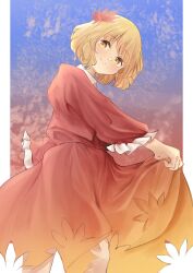 Rule 34 | 1girl, absurdres, aki shizuha, blonde hair, closed mouth, commentary, dress, gradient background, hair ornament, highres, leaf, leaf hair ornament, long sleeves, looking at viewer, maple leaf, mouryou (chimimouryou), red dress, short hair, smile, solo, touhou, yellow eyes