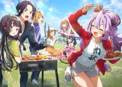 Rule 34 | 2boys, 5girls, antenna hair, black hair, blanket, blonde hair, blouse, chopsticks, closed mouth, cooking, day, demon tail, dolphin shorts, fang, flower knot, food, gloves, grey shorts, grill, grilling, hatara kazutomo, highres, holding, holding plate, horns, inko (succubus to neet), jacket, japanese clothes, kimono, long hair, long sleeves, multiple boys, multiple girls, nekoyashiki pushio, open clothes, open jacket, open mouth, outdoors, plate, pointy ears, purple eyes, purple hair, red jacket, shirt, shoes, short hair, shorts, sitting, socks, succubus to neet, tail, tasuki, tongs, twintails, white footwear, white gloves, white shirt