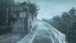 Rule 34 | 1girl, against wall, black hair, blue skirt, building, chain-link fence, clannad, commentary request, fence, fujibayashi kyou, grey sky, hand on own chest, highres, long hair, making-of available, outdoors, plant, power lines, rain, road, sailor collar, scenery, school uniform, serafuku, short sleeves, skirt, sky, solo, street, suspender skirt, suspenders, thighhighs, utility pole, very long hair, vines, wet, wet clothes, white thighhighs, wide shot, xiaobanbei milk, zettai ryouiki
