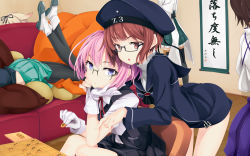 Rule 34 | 10s, 6+girls, bad id, bad pixiv id, beret, bespectacled, blonde hair, blue eyes, board game, brown eyes, brown hair, clothes writing, couch, detached sleeves, dress, glasses, gloves, hair ornament, hair ribbon, hairband, hanging scroll, hat, hiei (kancolle), highres, japanese clothes, kaga (kancolle), kantai collection, legs up, lying, multiple girls, ogami kazuki, pantyhose, personification, pink hair, ribbon, sailor collar, sailor dress, sailor hat, school uniform, scroll, semi-rimless eyewear, shiranui (kancolle), shoes, shogi, short hair, side ponytail, skirt, thighhighs, yuubari (kancolle), yuudachi (kancolle), z3 max schultz (kancolle)