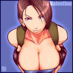 Rule 34 | 1girl, bare shoulders, breasts squeezed together, breasts, brown hair, capcom, cleavage, downblouse, fingerless gloves, gloves, huge breasts, jill valentine, purple eyes, religious offering, resident evil, resident evil 3: nemesis, sawao, short hair, solo