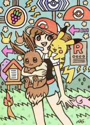 Rule 34 | 1girl, arrow (symbol), baseball cap, blush, blush stickers, brown eyes, brown hair, charmander, creatures (company), ditto, eevee, feet out of frame, flame-tipped tail, food, fruit, game freak, garouma, gen 1 pokemon, grapes, grass, hat, highres, holding, holding pokemon, jigglypuff, lightning bolt symbol, mountain, nintendo, on shoulder, open mouth, outdoors, pikachu, pokemon, pokemon (creature), pokemon lgpe, pokemon on shoulder, shirt, short sleeves, shorts, sign, signature, smile, standing