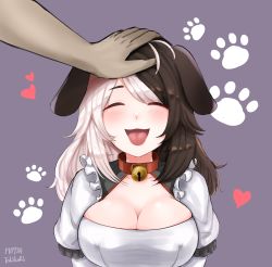 Rule 34 | 1girl, :3, :p, absurdres, animal ears, artist name, bell, black hair, blush, breasts, cleavage, collar, dated, dog ears, dog girl, closed eyes, hachiko (last origin), hachiko of castling, headpat, heart, highres, large breasts, last origin, multicolored hair, neck bell, paw print, purple background, simple background, solo focus, split-color hair, tokikori, tongue, tongue out, two-tone hair, white hair