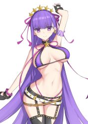 Rule 34 | 1girl, arm behind head, arm up, bare shoulders, bb (fate), bb (fate) (all), bb (swimsuit mooncancer) (fate), bead bracelet, beads, belt, bikini, black garter belt, black gloves, black shorts, black thighhighs, bracelet, breasts, cleavage, collarbone, elfenlied22, fate/grand order, fate (series), fingerless gloves, garter belt, gloves, hair ornament, hair ribbon, hairband, highres, jewelry, large breasts, long hair, looking at viewer, loose belt, micro shorts, navel, neck ribbon, purple bikini, purple eyes, purple hair, ribbon, shorts, simple background, smile, star (symbol), star hair ornament, studded garter belt, swimsuit, thighhighs, thighs, very long hair, white belt