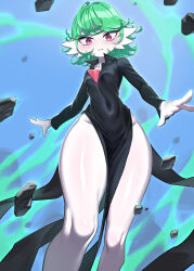 Rule 34 | 1girl, absurdres, azuuart, black dress, breasts, cosplay, covered navel, creatures (company), curly hair, dress, game freak, gardevoir, gen 3 pokemon, green hair, highres, long sleeves, looking at viewer, nintendo, one-punch man, pale skin, pokemon, pokemon (creature), red eyes, rock, short hair, small breasts, solo, tatsumaki, tatsumaki (cosplay), thighs