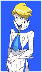 Rule 34 | 1boy, apron, ascot, blonde hair, blue ascot, blue background, blue eyes, border, closed mouth, commentary request, creatures (company), elite four, game freak, high collar, highres, long sleeves, looking at viewer, male focus, mikanbako (aitatadon3), nintendo, outside border, pants, pokemon, pokemon xy, shirt, short hair, siebold (pokemon), simple background, solo, white border, white pants, white shirt