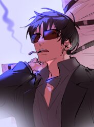 Rule 34 | 1boy, black hair, cigarette, commentary, facial hair, goatee stubble, holding, jacket, looking down, looking to the side, male focus, nicholas d. wolfwood, purple lightning, raine (acke2445), shirt, short hair, sideburns stubble, solo, stubble, sunglasses, trigun, trigun stampede, upper body