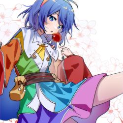 Rule 34 | 1girl, bag, blue hair, blue pupils, candy apple, cape, food, hairband, highres, long sleeves, looking at viewer, maisuiren, multicolored clothes, multicolored hairband, open mouth, patchwork clothes, short hair, simple background, solo, tenkyuu chimata, touhou, white background, white cape, zipper