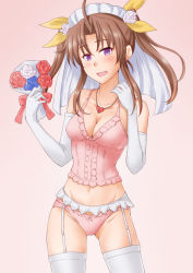 Rule 34 | 1girl, ahoge, anti (untea9), bouquet, breasts, bridal veil, brown hair, bustier, cleavage, commentary request, commission, cowboy shot, elbow gloves, flower, garter belt, garter straps, gloves, gradient background, hair ribbon, heart lock (kantai collection), highres, jewelry, kagerou (kancolle), kantai collection, looking at viewer, medium breasts, necklace, panties, pink background, pink panties, purple eyes, ribbon, solo, thighhighs, twintails, underwear, underwear only, veil, white gloves, white thighhighs, yellow ribbon