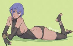 Rule 34 | 1girl, anklet, ass, barefoot, black gloves, black panties, black thighhighs, blue eyes, blue hair, blush, breasts, butt crack, collarbone, dark-skinned female, dark skin, dimples of venus, duplicate, elbow gloves, fate/grand order, fate/prototype, fate/prototype: fragments of blue and silver, fate (series), feet, full body, gloves, hassan of serenity (fate), jewelry, large breasts, looking at viewer, lying, matching hair/eyes, no shoes, on stomach, panties, partially fingerless gloves, short hair, sideboob, simple background, smile, solo, thighhighs, toeless legwear, toes, underwear, utu (ldnsft)