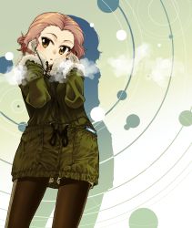 Rule 34 | 1girl, black pantyhose, breath, brown eyes, closed mouth, coat, commentary, fur-trimmed sleeves, fur trim, girls und panzer, gloves, green background, green coat, grey gloves, grey shorts, highres, long sleeves, looking at viewer, medium hair, pantyhose, r-ex, red hair, rosehip (girls und panzer), short shorts, shorts, silhouette, solo, standing