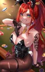 Rule 34 | 1girl, arm tattoo, between breasts, black gloves, black leotard, blush, breasts, cleavage, collarbone, commentary, elly (vtuber), english commentary, fingerless gloves, gloves, green eyes, gun, highres, indie virtual youtuber, large breasts, leotard, long hair, necktie, pantyhose, playboy bunny, poker chip, ponytail, red hair, second-party source, smile, tattoo, torn clothes, torn pantyhose, virtual youtuber, weapon, yayoi maka, yellow necktie