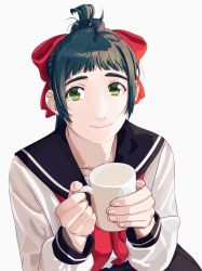 Rule 34 | 1girl, absurdres, alternate costume, antenna hair, black sailor collar, black skirt, blue hair, blunt bangs, bow, closed mouth, cup, green eyes, grey background, hair bow, highres, holding, holding cup, huge filesize, irako (kancolle), kantai collection, long sleeves, mug, neckerchief, ojipon, ponytail, red bow, red neckerchief, sailor collar, school uniform, serafuku, simple background, skirt, solo, upper body