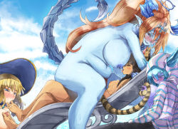 Rule 34 | 4girls, animal ears, awilda (p&amp;d), bad id, bad pixiv id, barefoot, bastet (p&amp;d), beach chair, blonde hair, blue eyes, blue hair, blue skin, blush, breasts, cat ears, cat tail, choker, colored pubic hair, colored skin, demon girl, earrings, feet, female pubic hair, futanari, hat, hellice frost demon (p&amp;d), hera-is (p&amp;d), hera (p&amp;d), hood, hooded jacket, horns, huge breasts, implied futanari, jacket, jewelry, lactation, large breasts, licking, licking foot, long hair, multiple girls, nipple stimulation, nipple tweak, nipples, nude, open clothes, open mouth, orange hair, plump, pubic hair, puzzle &amp; dragons, scorpion tail, sex, single horn, size difference, sky, small breasts, tail, tears, toes, tongue, tongue out, yohane, yuri