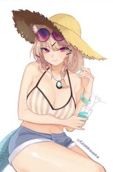 Rule 34 | 1girl, absurdres, animal ear fluff, aqua nails, arknights, artist name, bikini, blue tail, breasts, brown hair, cleavage, cup, eyewear on head, hat, highres, holding, holding cup, jewelry, large breasts, looking at viewer, necklace, purple-tinted eyewear, purple eyes, round eyewear, short shorts, shorts, simple background, slit pupils, smile, solo, striped bikini, striped clothes, sun hat, swimsuit, thighs, tinted eyewear, tutou jiang, utage (arknights), utage (summer flowers) (arknights), white background