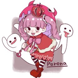 Rule 34 | 1girl, blunt bangs, boots, bow, bowtie, capelet, character name, chibi, commentary request, crown, ghost, hair ribbon, hand on own hip, highres, holding, holding umbrella, one piece, perona, pink bow, pink bowtie, pink hair, red capelet, ribbon, sa wint, skirt, solo, striped clothes, striped thighhighs, thighhighs, tongue, tongue out, twintails, umbrella