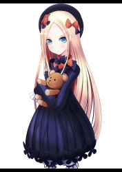 Rule 34 | 1girl, abigail williams (fate), absurdres, bad id, bad pixiv id, black bow, black dress, black hat, blonde hair, bloomers, blue eyes, bow, bug, butterfly, closed mouth, commentary request, cowboy shot, dress, fate/grand order, fate (series), forehead, hair bow, hat, highres, hugging object, insect, karana (wisteria0413), letterboxed, long hair, long sleeves, looking at viewer, orange bow, parted bangs, polka dot, polka dot bow, revision, simple background, sleeves past fingers, sleeves past wrists, solo, stuffed animal, stuffed toy, teddy bear, underwear, very long hair, white background, white bloomers