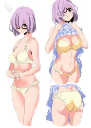 Rule 34 | 1girl, ass, bad id, bad twitter id, black-framed eyewear, blue dress, bow, bow bra, bow panties, bra, butt crack, checkered clothes, checkered dress, clothes lift, commentary request, date (senpen), dated, dress, dress lift, fate/grand order, fate (series), fingers together, glasses, highres, mash kyrielight, mash kyrielight (senpai killer outfit), multiple views, official alternate costume, panties, purple eyes, purple hair, short dress, short hair, simple background, sketch, standing, thigh gap, underwear, underwear only, white background, yellow bra, yellow panties