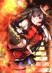 Rule 34 | 1girl, absurdres, black hair, blush, breasts, bright09, chase! (love live!), commentary, commentary request, earrings, embers, fingerless gloves, fire, gloves, grey eyes, grin, hair ornament, hat, highres, jewelry, kicking, leg up, long hair, looking at viewer, love live!, love live! nijigasaki high school idol club, medium breasts, one side up, partial commentary, red gloves, sidelocks, signature, smile, solo, suspenders, yuki setsuna (love live!)