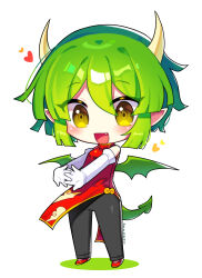 Rule 34 | 1girl, absurdres, black pants, blush, brown eyes, chibi, china dress, chinese clothes, draco centauros, dragon girl, dragon horns, dragon tail, dragon wings, dress, elbow gloves, fang, full body, gloves, green hair, heart, highres, horns, offbeat, open mouth, pants, pointy ears, puyopuyo, red dress, short hair, sleeveless, sleeveless dress, smile, solo, tail, white gloves, wings