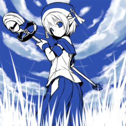 Rule 34 | 1girl, :o, armband, bare shoulders, blue background, blue hakama, blue theme, cloud, cloudy sky, day, from behind, gloves, grass, hakama, hakama skirt, hat, japanese clothes, looking back, looking down, monochrome, phantasy star, phantasy star universe, pointy ears, shiratama dango, short hair, sketch, skirt, sky, sleeveless, solo, staff, standing, weapon