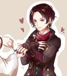 Rule 34 | 10s, 1boy, androgynous, black hair, coat, hand on own chest, heart, japanese clothes, kashuu kiyomitsu, looking at another, mayu syulv, mole, mole under mouth, nail polish, painting (action), personification, red eyes, red nails, saniwa (touken ranbu), scarf, simple background, smile, solo focus, touken ranbu, traditional clothes, upper body