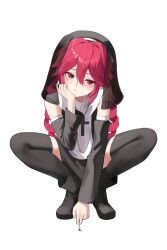 1girl absurdres alternate_costume alternate_hairstyle black_footwear black_sleeves black_socks boots cigarette detached_sleeves drill_hair habit hand_on_own_cheek hand_on_own_face highres holding holding_cigarette hu2924 kasane_teto red_eyes red_hair socks squatting tagme utau