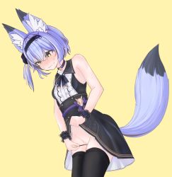 Rule 34 | 1girl, absurdres, animal ear fluff, animal ears, artist request, black choker, black hairband, black thighhighs, blue hair, blush, choker, clothes lift, dress, dress lift, fox ears, fox girl, fox tail, hair between eyes, hairband, highres, no panties, object insertion, pocky day, pussy, sash, short hair, sleeveless, sleeveless dress, solo, tail, thighhighs, uncensored, vaginal, vaginal object insertion, vrchat, wavy mouth, wrist cuffs, yellow eyes, yuuko-zoku no onee-chan