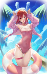 Rule 34 | 1girl, arms up, beach, braid, breasts, cloud, covered navel, frilled one-piece swimsuit, frilled swimsuit, frills, gainoob, hair between eyes, highres, hood, hoodie, innertube, kanojo okarishimasu, medium hair, one-piece swimsuit, open clothes, open hoodie, pink eyes, pink one-piece swimsuit, red hair, sakurasawa sumi, side braid, single braid, small breasts, solo, swim ring, swimsuit, thick eyebrows, thigh strap
